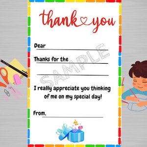 Druckbare Dankeskarten für Kinder zum Selbermachen, einfaches Ausfüllen, sofortiger Download, selbstgemachte Dankeskarten zum Basteln für Kinder als Geschenk zum Kindergeburtstag