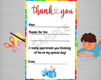 Biglietti di ringraziamento stampabili per bambini Fai da te Facile da riempire lo spazio vuoto Download istantaneo Artigianato per bambini Biglietti di ringraziamento fatti in casa per regalo Compleanno per bambini