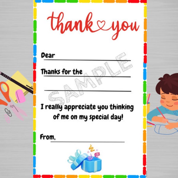 Printable Kids Thank You Cards DIY Easy Fill in the Blank Instant Download Children's Craft Homemade Thank You Cards For Gift Kids Birthday