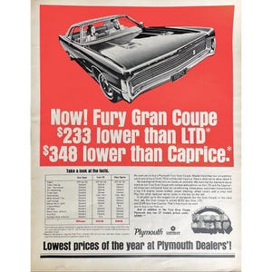 1970 Plymouth Fury Gran Coupe Vintage Print Ad Retro Car Memorabilia Automobiles Vintage Plymouth Collectors Photo Sales Ad Wall Art