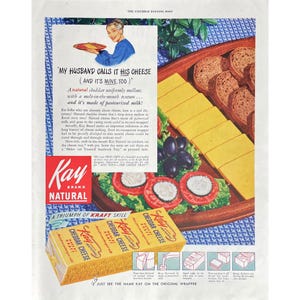 Kraft Kay Cheddar Cheese Vintage Print Ad 1948 Retro Cheese Memorabilia Kraft 1940&#39;s Snack Tray Photo Ad Mid Century Modern Food Wall Art