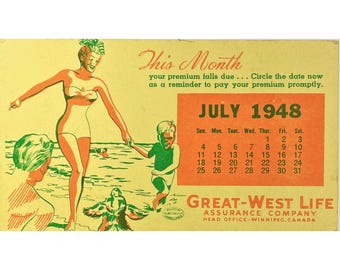 1948 Vintage Great West Life Assurance Company Calendar Payment Due Date Reminder Card Mid Century Modern Beach Scene Insurance Memorabilia