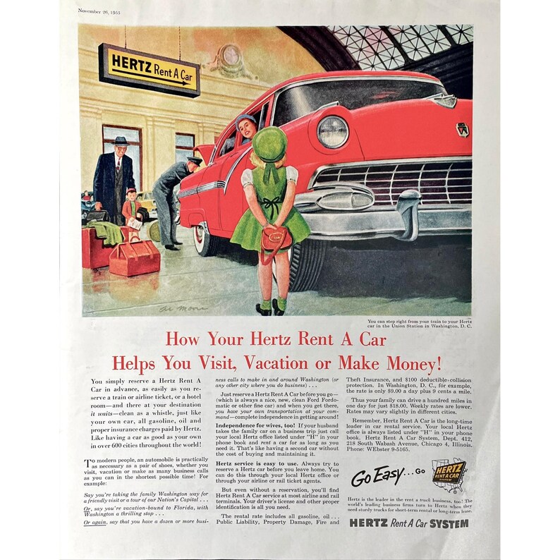 Retro Rent A Car 1955 Hertz Rent A Car Vintage Print Ad Retro Rental Car Memorabilia ...