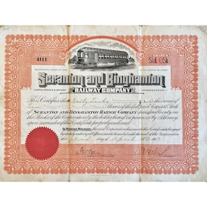 Vintage 1917 Scranton & Binghamton Railway Co. Stock Certificate No. 4111 Vintage Railroad Memorabilia Vintage Investment Collector Item