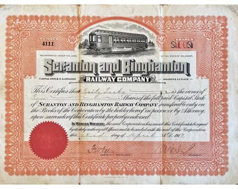 Certificado de acciones n.° 4111 de la Scranton & Binghamton Railway Co. de 1917. Objeto de colección de colección de objetos de recuerdo ferroviarios antiguos.