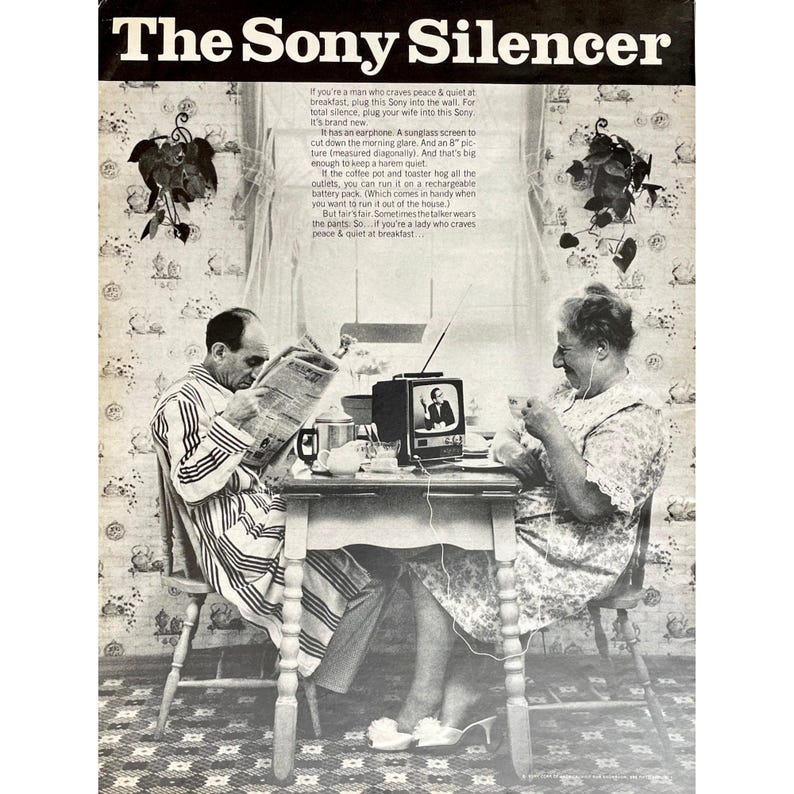 May include: An old advertisement for "The Sony Silencer" showing a small black and white television. A man and woman are seated at a table, the man reading a newspaper and the woman wearing headphones. The ad text mentions an earphone and an 8-inch screen.