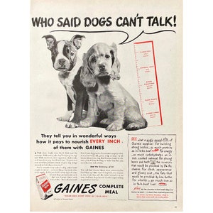 Gaines Dog Food Vintage Print Ad 1947 Pet Food Original Magazine Advertising Dog Ephemera Retro Magazine Print Scrapbooking Retro Wall Decor