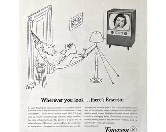 1955 Emerson Television Sets Vintage Print Ad Retro TV Living Room Memorabilia Mid Century Modern Man Watching TV in Hammock Vintage Cartoon