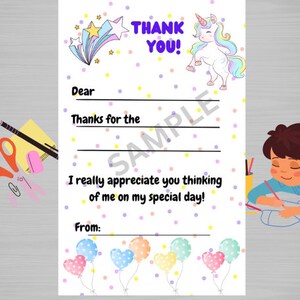 Afdrukbare bedankkaarten voor kinderen Eenhoorn DIY Eenvoudig invullen van de blanco Instant Download Kinderknutselbedankkaarten voor cadeau Kinderverjaardag