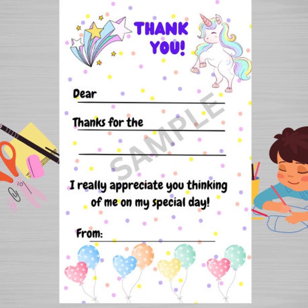 Printable Kids Thank You Cards Unicorn DIY Easy Fill in the Blank Instant Download Children's Craft Thank You Cards For Gift Kids Birthday