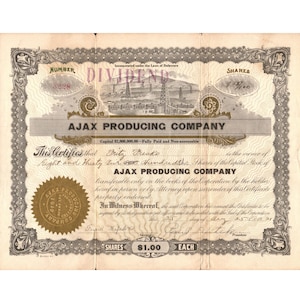 1921 Vintage Ajax Producing Company Stock Certificate Memorabilia Investment Collector Item Vintage Investor Ephemera Stock Paperwork