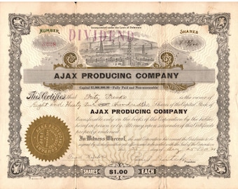 1921 Vintage Ajax Producing Company Stock Certificate Memorabilia Investment Collector Item Vintage Investor Ephemera Stock Paperwork