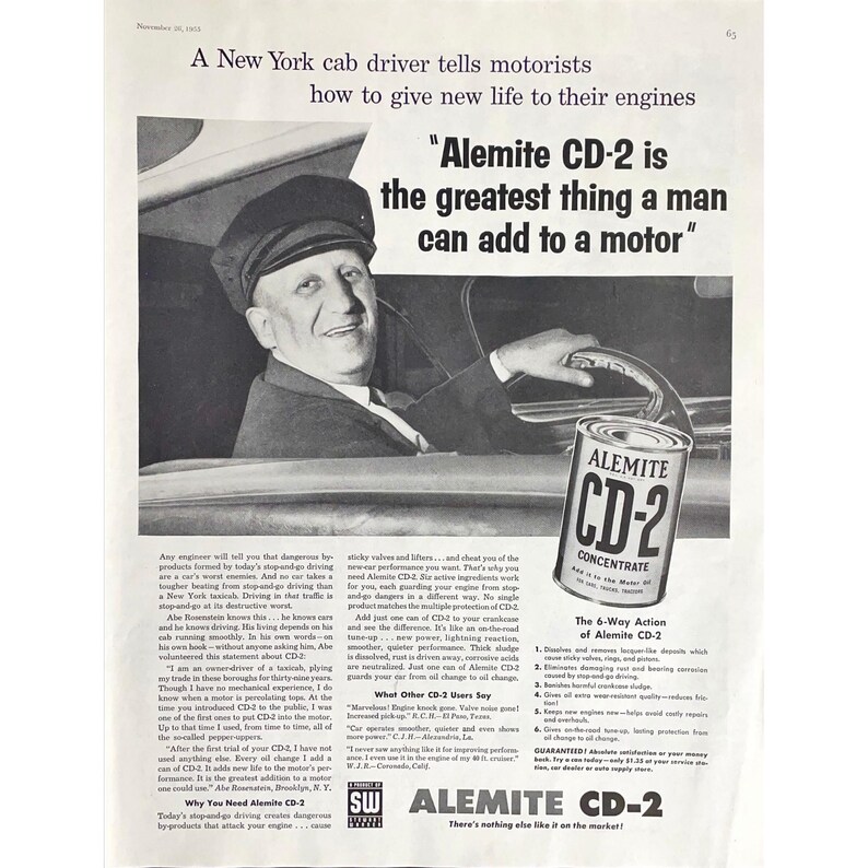 1955 Alemite CD-2 Oil Additive Vintage Print Ad Retro Car Products ...