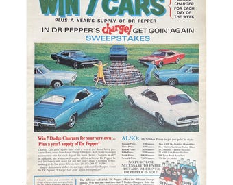 Dr. Pepper 1968 Vintage Print Ad Retro Sweepstakes Win A Car Memorabilia Photo Mid Century Modern Soda Advertisements Contest Dodge Chargers