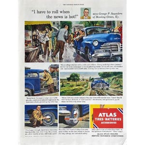 Vintage Print Ad Atlas Tires & Batteries 1951 Original Magazine Advertisement 1950&#39;s Retro Car Parts Ad Vintage Garage Auto Wall Art