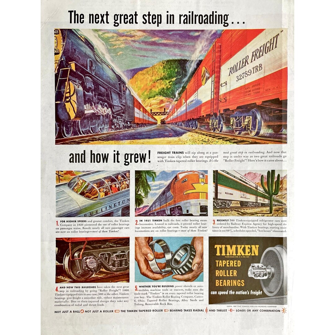 Timken Train Timken Roller Bearings Trains Vintage Print Ad 1947 Industrial Parts ...