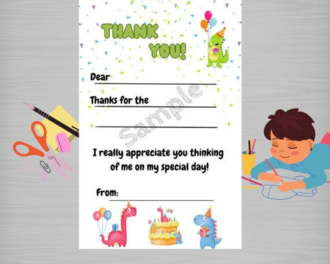 Printable Kids Thank You Cards Dinosaurs DIY Easy Fill in the Blank Instant Download Children's ...