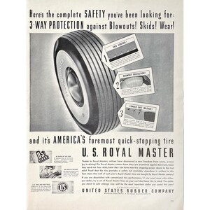 U.S. Royal Master Tires 1940 Print Ad Vintage Car Tire Ads Retro Auto Parts Art U.S. Rubber Company Photo Advertisement Safety Tires