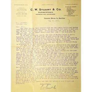 May include: A vintage letter from C.W. Stuart & Co. Nurserymen, dated May 17, 1921, discussing the sale of nursery stock and the importance of starting work early for the coming fall and spring delivery. The letter emphasizes that the sale of nursery stock is a year-round business and encourages the recipient to devote their full time to the work.