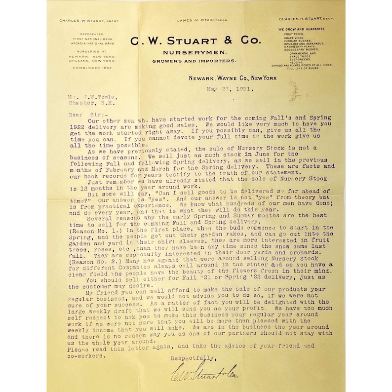 May include: A vintage letter from C.W. Stuart & Co. Nurserymen, dated May 17, 1921, discussing the sale of nursery stock and the importance of starting work early for the coming fall and spring delivery. The letter emphasizes that the sale of nursery stock is a year-round business and encourages the recipient to devote their full time to the work.