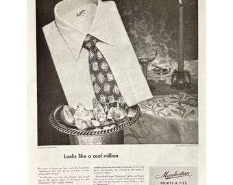 Manhattan Shirts & Ties Vintage Print Ad 1948 Men's Clothing Retro Shirt Photo Mid Century Modern Men's Shirt Advertisement Dress Clothes