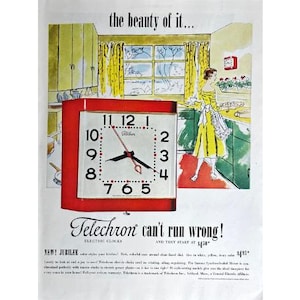 Vintage Print Ad Telechron Electric Clocks 1951 Original Magazine Advertisement 1950&#39;s Retro Wall Clock Ad Vintage Electronics Memorabilia