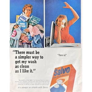 1965 Salvo Laundry Detergent Vintage Print Ad Low Suds Tablet Retro Laundry Soap Mid Century Modern Woman Doing Laundry Salvo Memorabilia