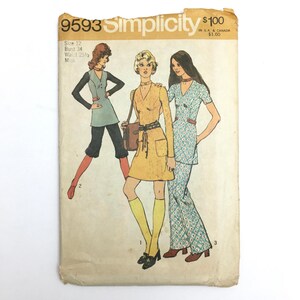 May include: Vintage Simplicity sewing pattern, number 9593, featuring illustrations of three women in 1970s-style outfits. The pattern includes sizes for a bust of 34 inches and a waist of 25.5 inches. The price is $1.00.