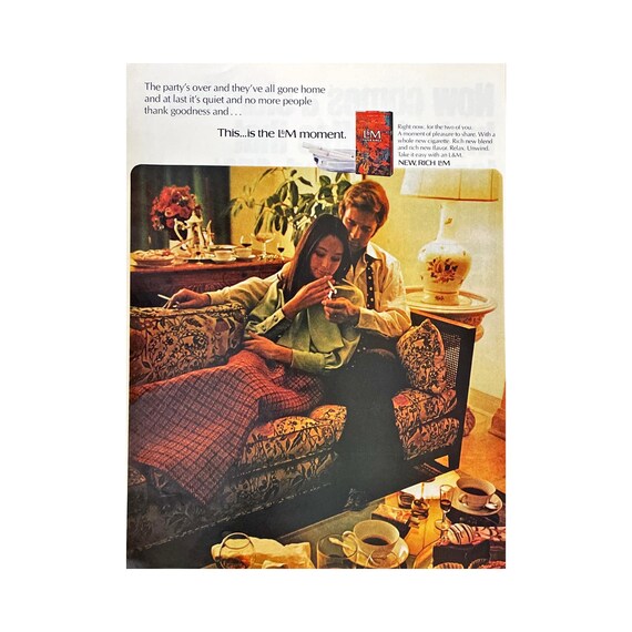 1970s cigarette ads Vintage Print Ad L&M Cigarettes 1970 Original Magazine Advertisement Retro  Smoking Ads Vintage Cigarette Smoking Couple 1970's Cigarette Ads