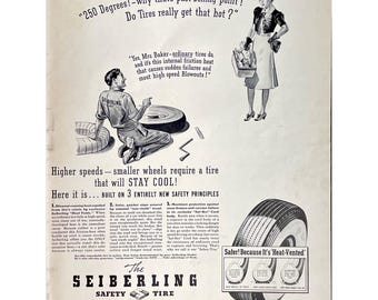 Seiberling Tires 1940 Print Ad Vintage Auto Mechanic Retro Safety Car Tire Advertisement Woman Buying Tires Photo Ad Man Cave Wall Art