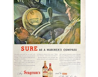 Seagram's Whiskey 1944 Vintage Print Ad Retro Whiskey Memorabilia Fisherman At The Boat's Wheel Stormy Seas Vintage Bar Wall Art Collector
