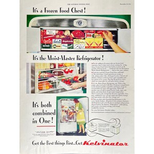 Kelvinator Refrigerator Vintage Print Ad 1945 Refrigerator Memorabilia Mid Century Modern Kelvinator Photo Ad Retro Kitchen Fridge Freezer