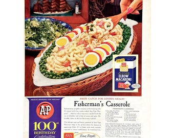 Vintage Print Ad A&P Grocery Store 1959 Original Magazine Advertisement Retro Food Advertisement Fisherman's Casserole Kitchen Wall Art