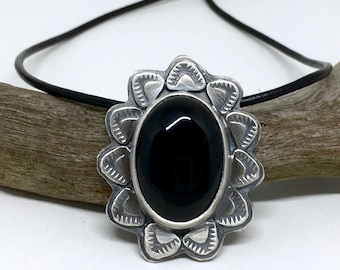 Sterling Silver Black Onyx Necklace Gemstone Long Necklace Black Stone Pendant Adjustable Length Leather Southwestern Jewelry