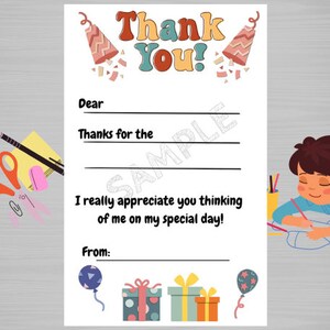Druckbare Kinder Dankeskarten Retro DIY einfach Füllen Sie die leere Sofort-Download Kinder Handwerk Dankeskarten für Geschenk Kinder Geburtstag