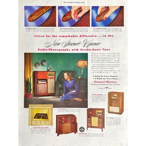 Stewart Warner Radios Vintage Print Ad 1947 Phonograph Ad Vtg Radio Memorabilia Mid Century Modern Stereo Wall Art Retro Record Player Ads