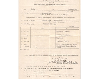 Formulario de Acción de Personal de las Fuerzas Aéreas del Ejército, Departamento de Guerra, 1943, AC-CP-50, Notificación de Mecánico Aprendiz del Depósito Aéreo de Middletown, Pensilvania