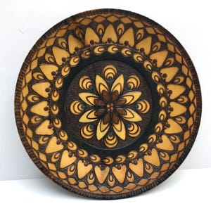 Vintage Decorative Wood Plate Polish Floral Folk Art Design 1960&#39;s Wall Art Polish Decorative Hand Made Flower Design Wood Burning Art