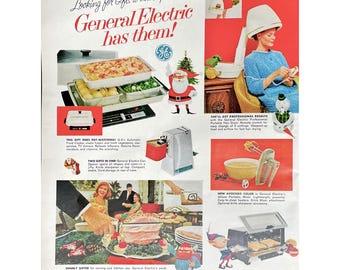1967 GE Christmas Gifts Vintage Print Ad Retro Hair Dryer Can Opener Toaster Oven Ad Mid Century Modern Household Appliances Photo Ad