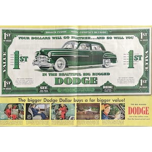 1949 Dodge Cars Vintage Print Ad Big Rugged Dodge Memorabilia Ride The Magic Mile Antique Car Photographs Cold War Era Car Memorabilia Dodge