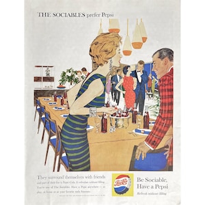 Pepsi-Cola 1959 Vintage Print Ad Retro Party Pepsi Memorabilia Soda Photo Ads Mid Century Modern Couple Pepsi Cola Collector Photo Ad