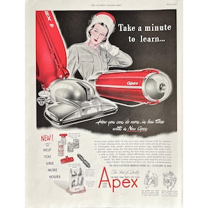 Apex Vacuum Cleaner Vintage Print Ad Retro Home Sweeper Memorabilia Appliances Mid Century Modern Vacuum Photo Ad 1940&#39;s Appliances