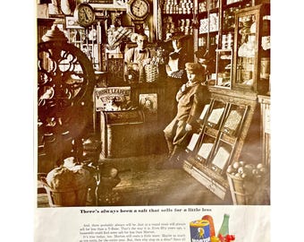 1965 Morton Salt Vintage Print Ad Retro General Store Photo Food Memorabilia Morton Salt When It Rains It Pours Vintage Photo Country Store