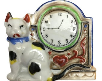 Vintage Japanese Porcelain Cat With Clock Match Box Trinket Toothpick Holder White & Black Cat Retro Mid Century Modern Collectible