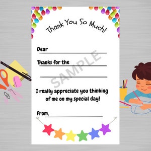 Druckbare Dankeskarten für Kinder zum Selbermachen, einfaches Ausfüllen, sofortiger Download, selbstgemachte Dankeskarten zum Basteln für Kinder als Geschenk zum Kindergeburtstag