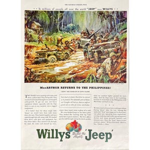 Army Willys Jeep Vintage Print Ad 1945 Original Magazine Willys Jeep Army Leyte Island Pacific War Article Memorabilia Retro Jeep Army Ad