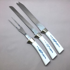 Vintage Lifetime Cutlery 3 Piece Set Stainless Steel Carving Knives & Fork Cornflower Blue Floral Pattern Retro Kitchen Cutlery MCM Floral