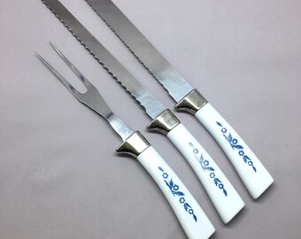 Vintage Lifetime Cutlery 3 Piece Set Stainless Steel Carving Knives & Fork Cornflower Blue Floral Pattern Retro Kitchen Cutlery MCM Floral