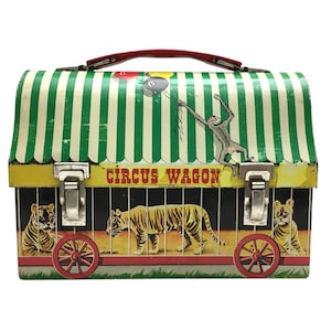 Vintage Thermos Brand Circus Wagon Lunch Box Dome Top Painted Metal Collectible Lunch Kettles Circus Memorabilia Kids Lunch Box Memorabilia
