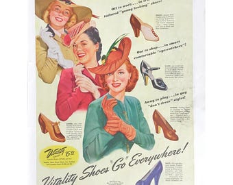 1942 Vitality Shoes Vintage Print Ad Retro Women's Shoes Mid Century Modern Ladies in Hats Vintage Women's Shoes Photo Ad Vitality Shoe Co.